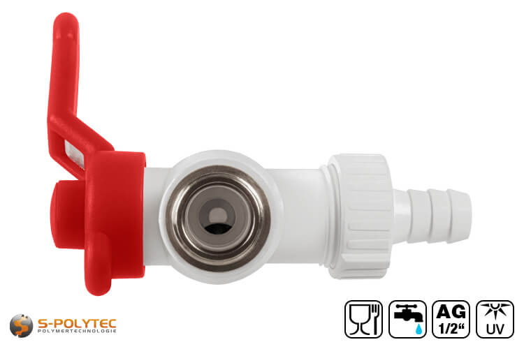 The white Aqua-Plus PP-R spout tap features a screw-on hose connection in 13mm