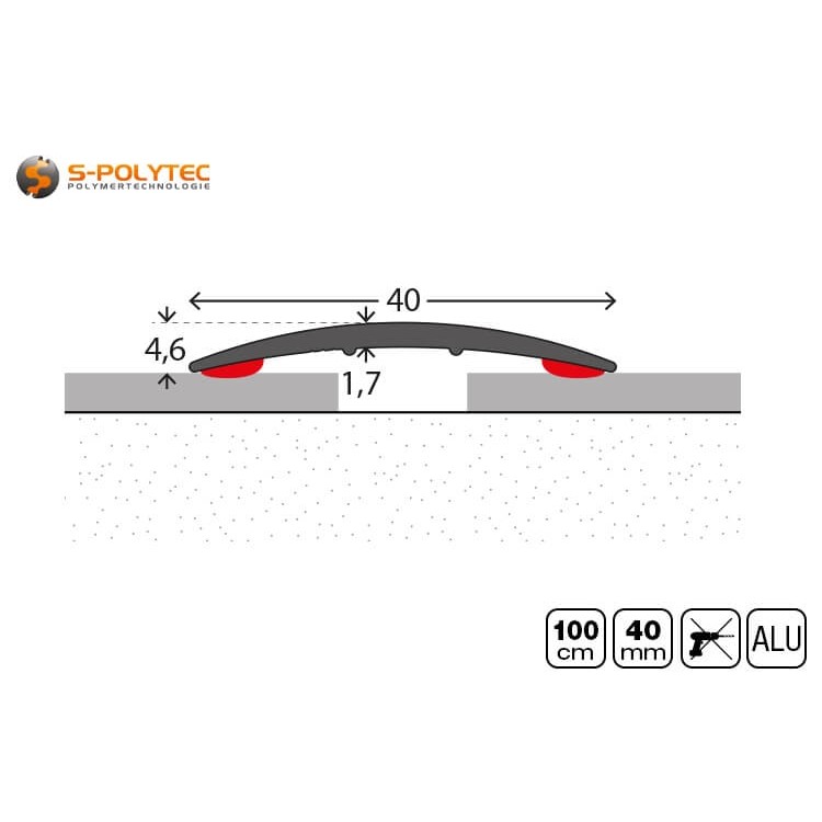 The anodised aluminium floor profiles with self-adhesive are 40mm wide with a profile height of 4.6mm