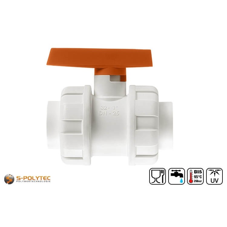 We offer the white PPR ball valves in sizes DN20, DN25, DN32 and DN32 for connecting PP-R pipes with a constant diameter