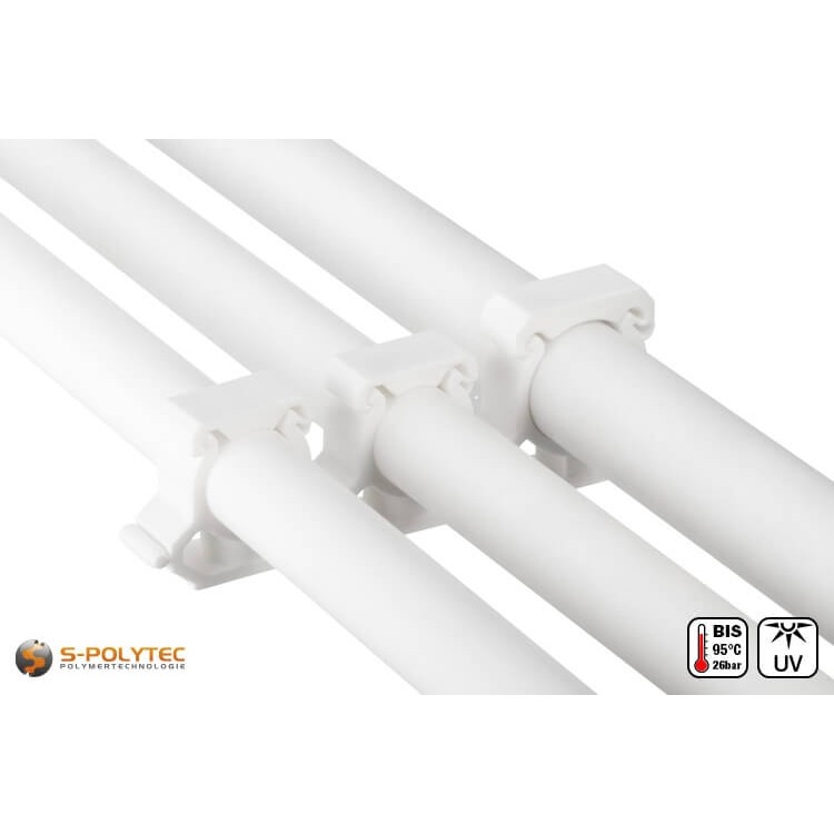 Aqua-Plus PP-R pipe clips in white for surface mounting of PP-R pipes in various sizes.