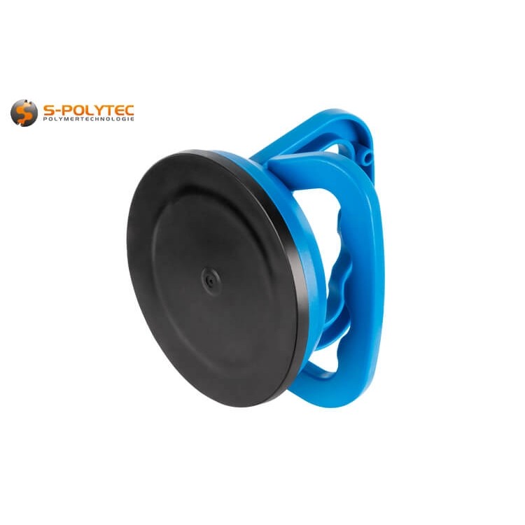 The blue housing of the Högert vacuum plate lifter with Ø120mm suction cup is made of shock-resistant, robust plastic
