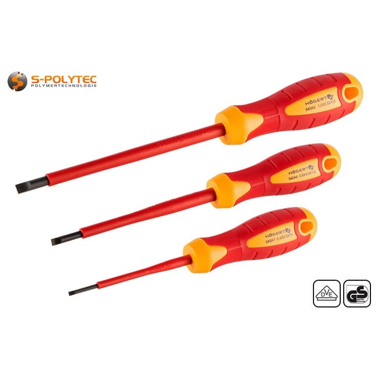 The set contains three insulated slotted screwdrivers in the sizes 2.5mm, 4mm and 5.5mm	