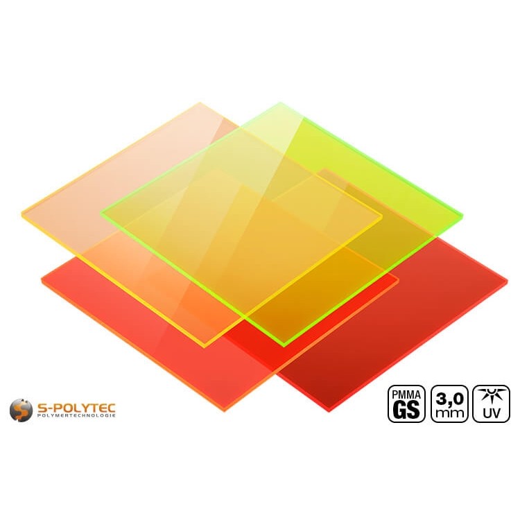 Fluorescent acrylic glass GS coloured tinted with neon glow effect in millimetre-precise cuts from as little as 30mmx30mm.