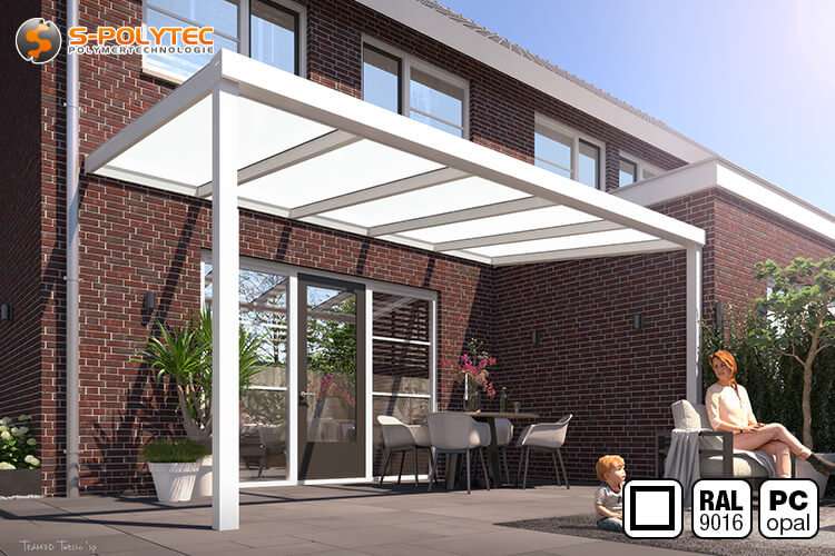 The square terrace roof made to measure in white with 16 mm double-skin polycarbonate sheet in frosted glass look