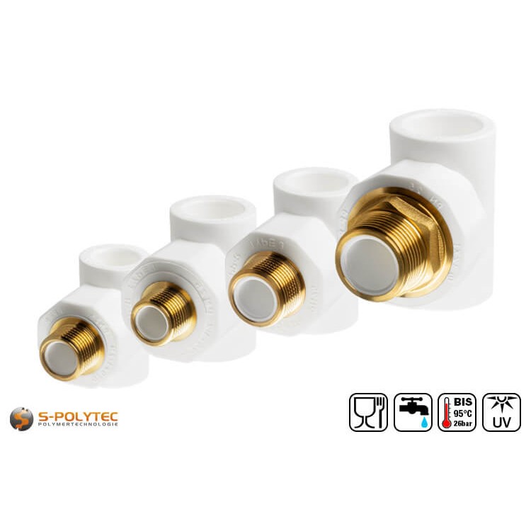 We offer the white PPR T-pieces in sizes DN20, DN25 or DN32 with branching male thread connection in 1/2, 3/4 or 1 inch respectively