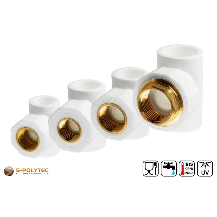 We offer the white PPR T-pieces in the sizes DN20, DN25 and DN32 with branching female thread connection in 1/2, 3/4 or 1 inch