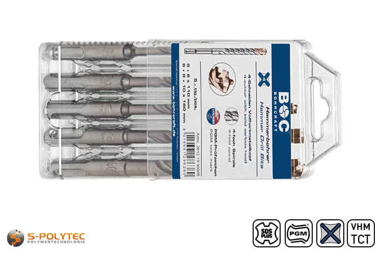 SDS plus QX-4 hammer drill bit set with the five most important drill bits for reinforced concrete in an inexpensive MultiPack