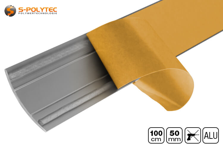 The 50mm wide self-adhesive aluminium floor profiles are available in silver or matt stainless steel