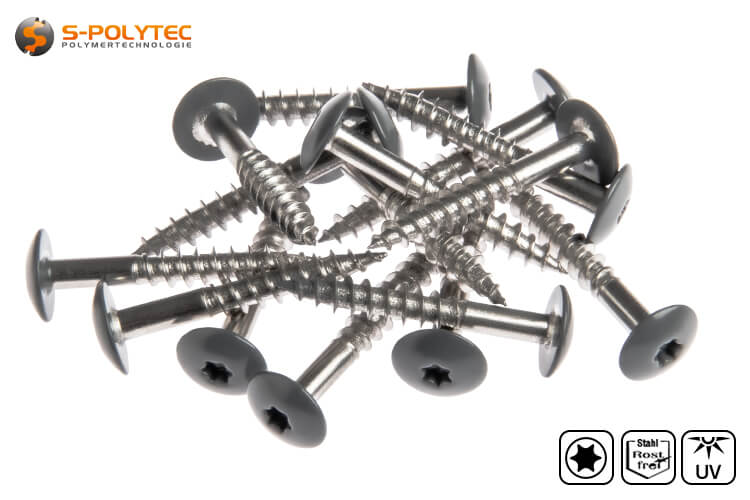 The dark grey screws for HPL panels in Steel Grey are made of A4 stainless steel