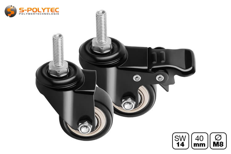 The Ø 40mm swivel castor with M8 thread for construction profiles is available with and without a parking brake