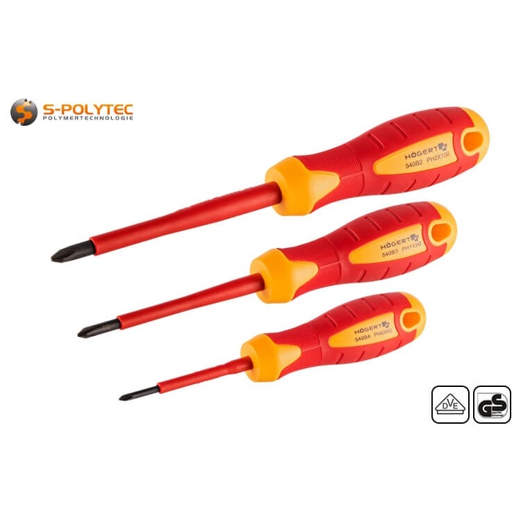 The set contains three insulated Phillips screwdrivers in sizes PH0, PH1 and PH2