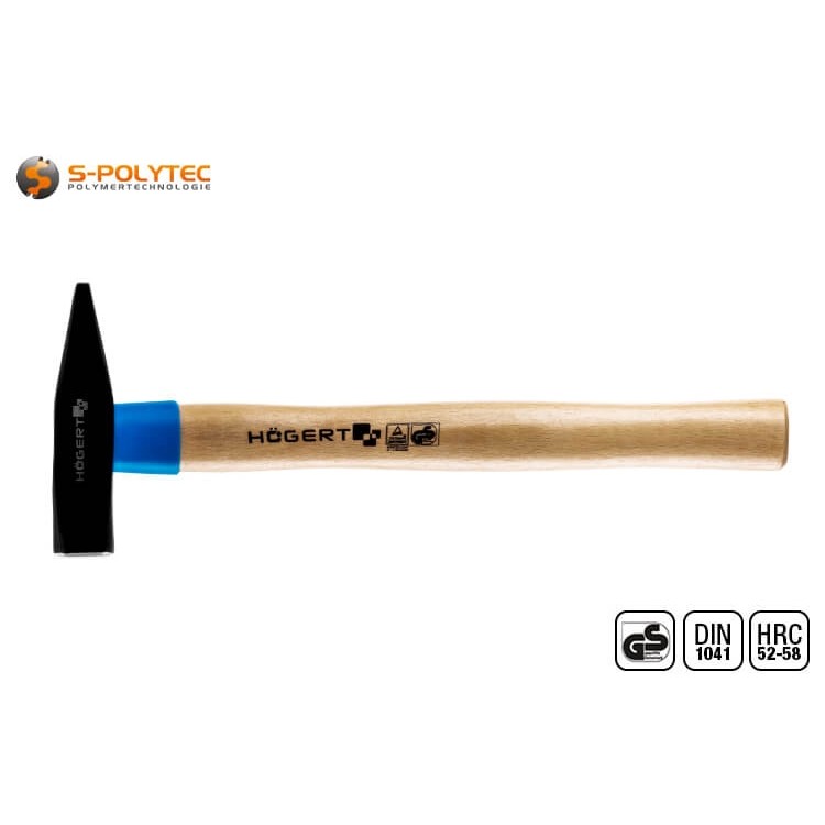 The typical head shape of the locksmith's hammer, consisting of web and fin, is forged from a single piece of steel