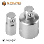 Socket adapter from 1/4 inch or 1/2 inch to 3/8 inch made of chrome vanadium steel with spring-loaded ball lock