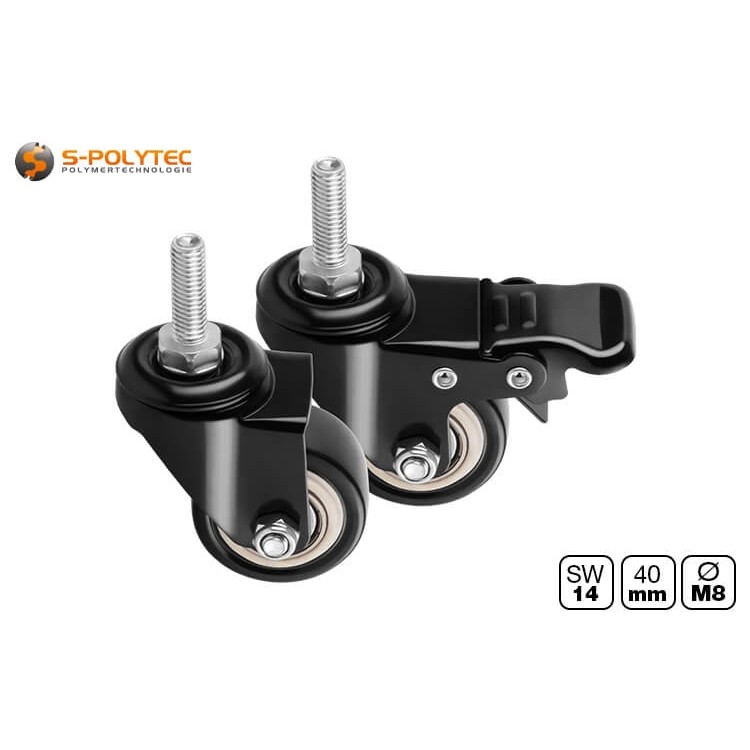 The Ø 40mm swivel castor with M8 thread for construction profiles is available with and without a parking brake