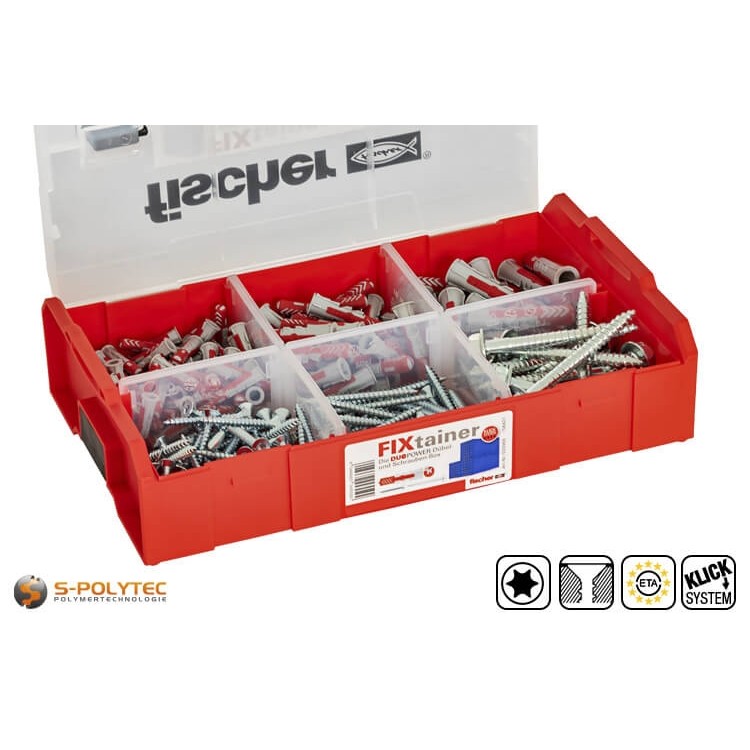 The fischer FIXtainer DuoPower plugs and screws box contains 105 universal plugs SX and screws in three sizes each