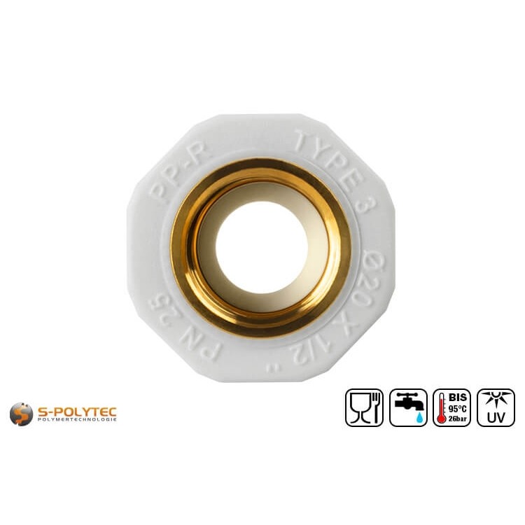 PP-R coupling for PP-R pipes for PP-R pipes in various sizes with female brass threads.