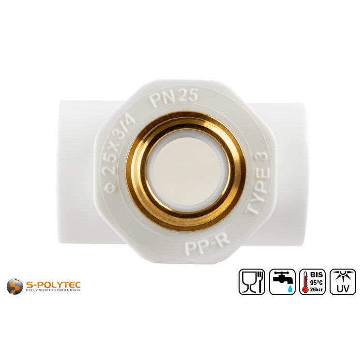 Aqua-Plus PP-R T-piece for PP-R pipes in various sizes with branching external thread made of brass