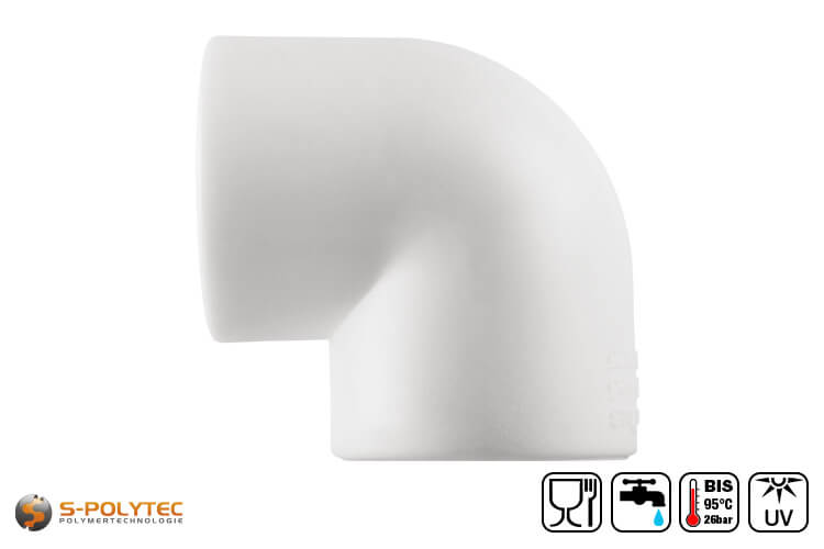 We offer the white PPR 90° elbows in sizes DN20, DN25, DN32 and DN40 for pipes with the same diameter