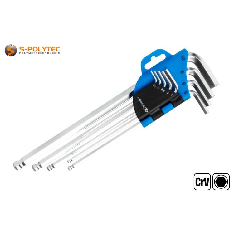 The set, also called Allen key set, contains the most common sizes in 1.5mm, 2mm, 2.5mm, 3mm, 4mm, 5mm, 6mm, 8mm and 10mm