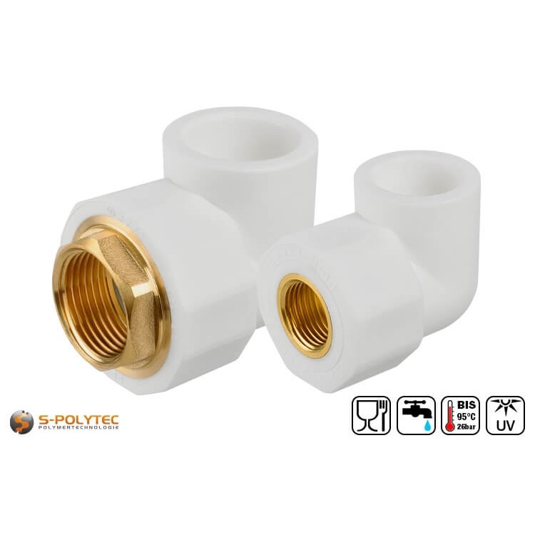 Aqua-Plus PP-R 90° elbow coupling in white for connecting PP-R pipes to other pipe systems thanks to internal brass threads