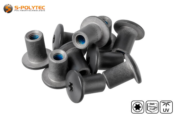Stainless steel threaded sleeve for balcony screws with UV-resistant head paint in anthracite (RAL7016).