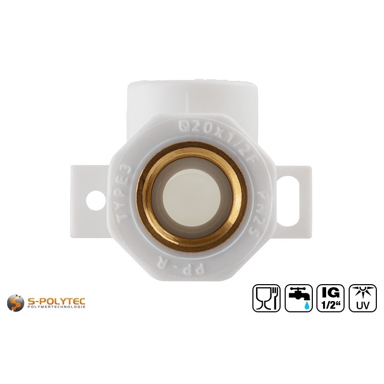 The Aqua-Plus PP-R wall connection angle 90° 20mmx1/2 inch is suitable for PP-R pipes with Ø20mm