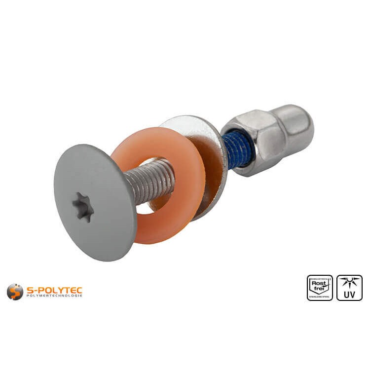 Dusty grey (RAL 7037) stainless steel balcony screw with metric M5 thread
