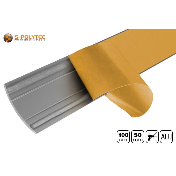 The 50mm wide self-adhesive aluminium floor profiles are available in silver or matt stainless steel