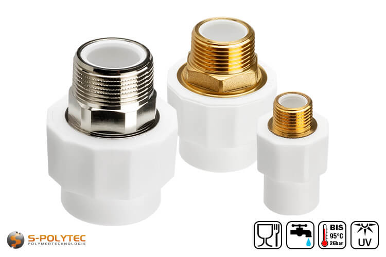 We offer the white PPR couplings in sizes DN20, DN25, DN32 and DN40 as well as with male threads from 1/2 to 1 1/4 inch