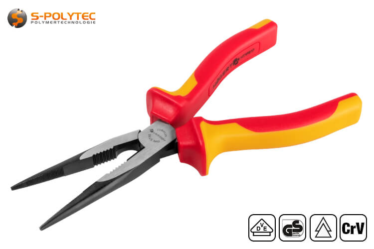 VDE needle-nosed pliers with tapered tips according to DIN 5745 are made of chrome-vanadium steel