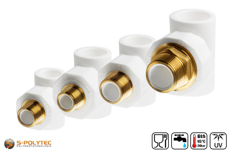 We offer the white PPR T-pieces in sizes DN20, DN25 or DN32 with branching male thread connection in 1/2, 3/4 or 1 inch respectively
