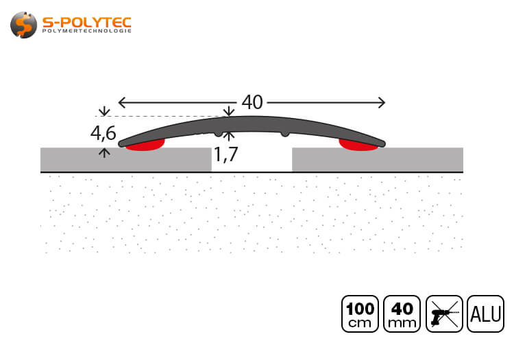 The anodised aluminium floor profiles with self-adhesive are 40mm wide with a profile height of 4.6mm