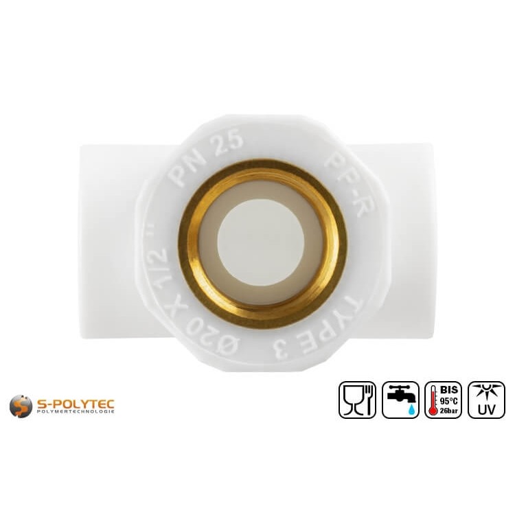 The white Aqua-Plus PP-R T-pieces with threaded connection as a version with internal thread