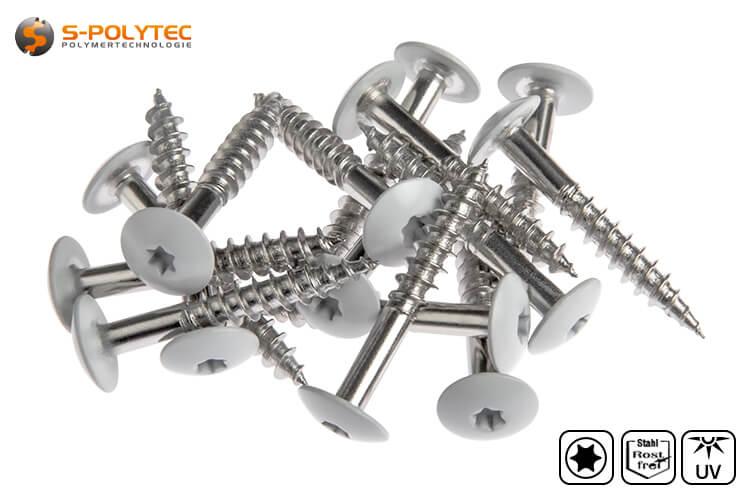 The light grey screws for HPL panels in Winter Grey are made of A4 stainless steel