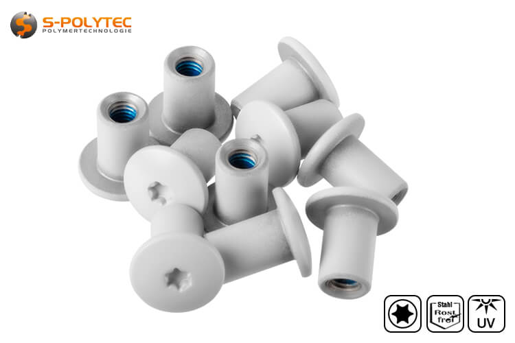 Stainless steel threaded sleeve for balcony screws with UV-resistant head lacquer in light grey (RAL7035).