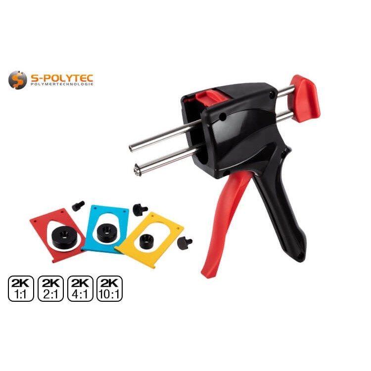 2K dispensing gun for 50ml double cartridges incl. adapter plates and pistons for 1:1, 2:1 and 10:1