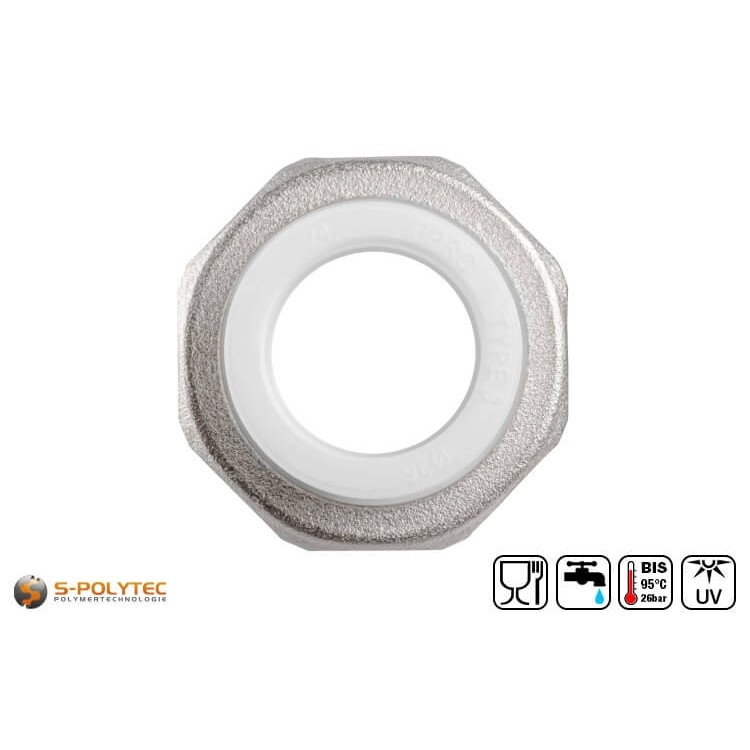 Aqua-Plus PP-R screw coupling in white for PP-R pipes in various sizes with screwable female thread made of brass.