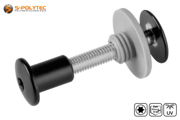 Balcony screw set with threaded sleeve in deep black (RAL 9005) in M5x25mm or M5x30mm made of A2 stainless steel.