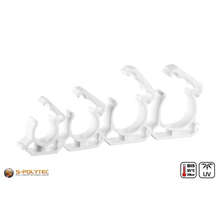 We offer the white PPR plastic clips for secure pipe mounting in sizes DN20, DN25, DN32 and DN40