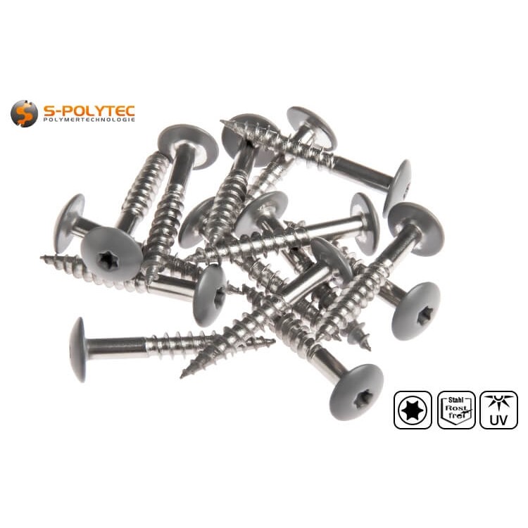 The medium grey screws for HPL panels in Mid Grey are made of A4 stainless steel