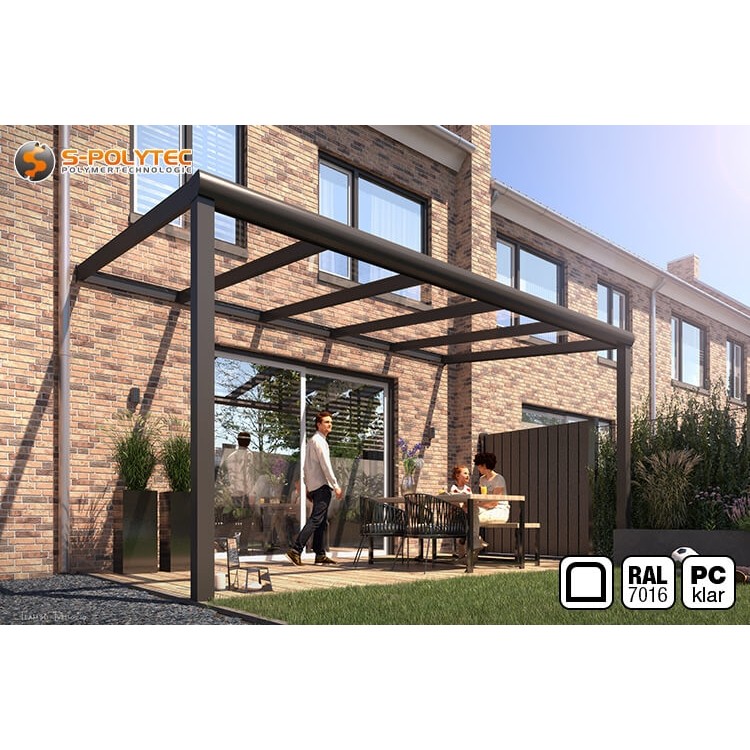 The rounded terrace roof made to measure in anthracite with transparent 16 mm double-skin polycarbonate sheet