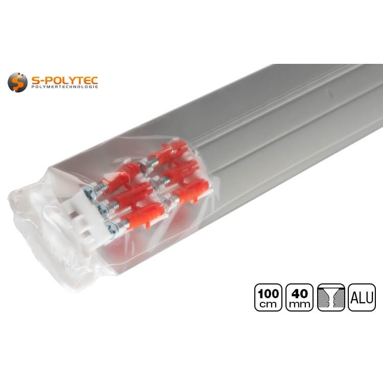 The perforated 40mm aluminium floor profiles are available in the colours silver, sahara, gold or matt stainless steel