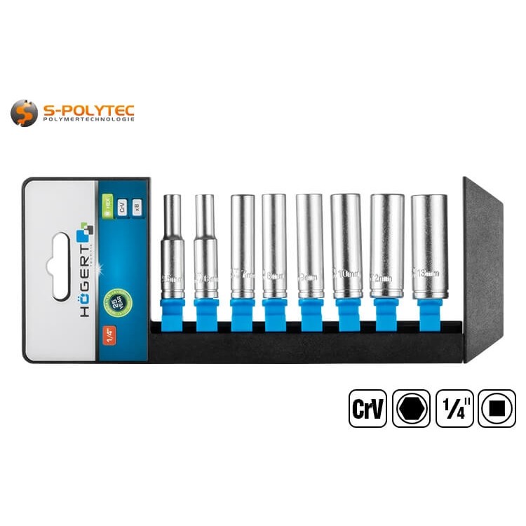 The practical plastic holder stores the individual sockets in a space-saving, safe and clear manner