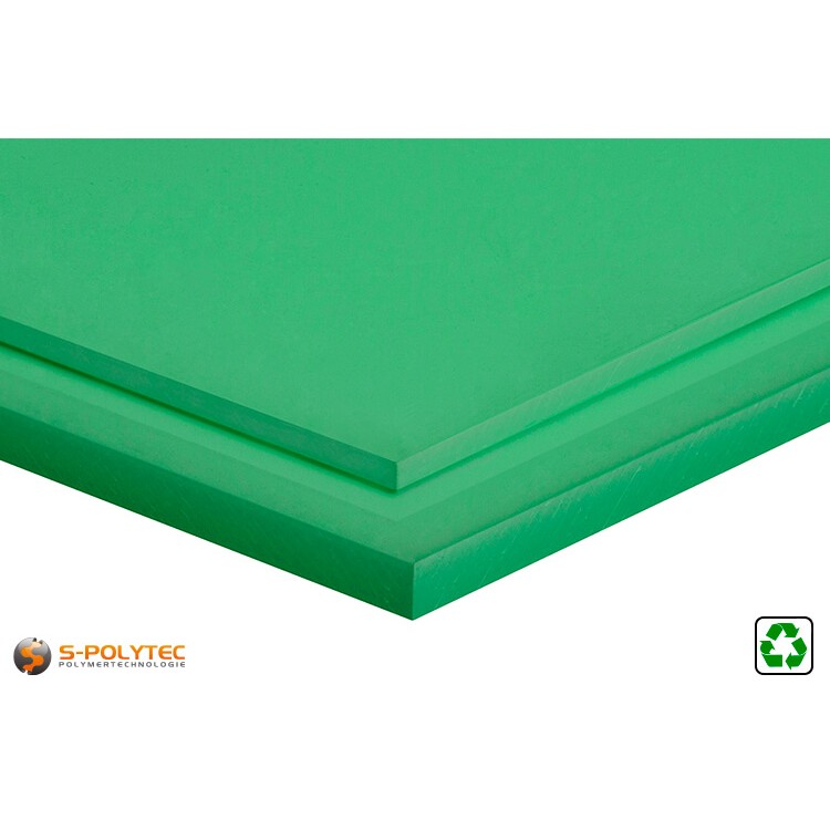 Polyethylene sheets (PE-UHMW, PE-1000) green form recycelt materials with smooth surface from 10mm to 80mm thickness as standard size sheets 2.0 x 1.0 meters