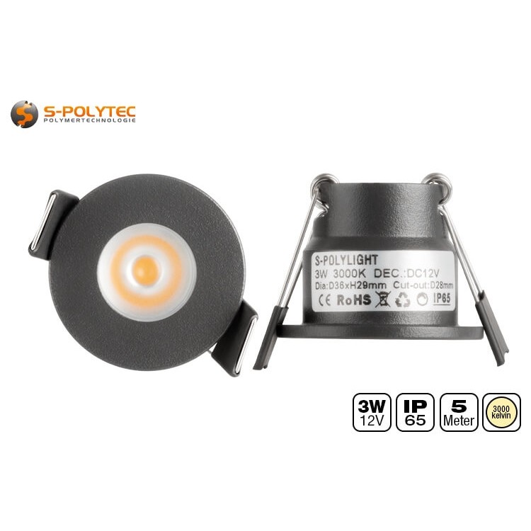 The anthracite grey Ø36mm spots have an installation diameter of 28mm and a depth of just 29mm