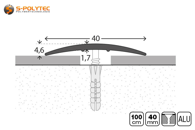 The anodised aluminium floor profiles for screwing with a profile height of 4.6mm are 40mm wide