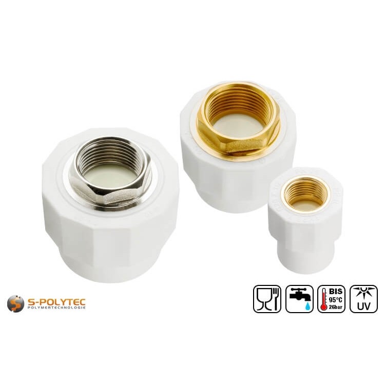 Aqua-Plus PP-R coupling for PP-R pipes in white for PP-R pipes in various sizes with female brass threads.
