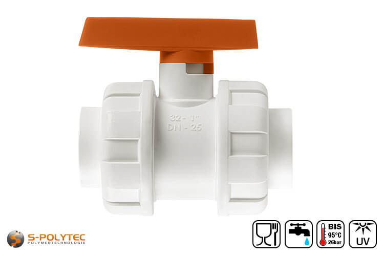 We offer the white PPR ball valves in sizes DN20, DN25, DN32 and DN32 for connecting PP-R pipes with a constant diameter