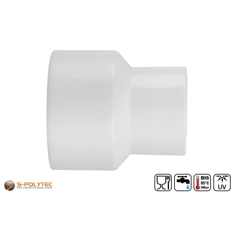 Aqua-Plus PP-R reducing socket in white for connecting two PP-R pipes with different diameters.