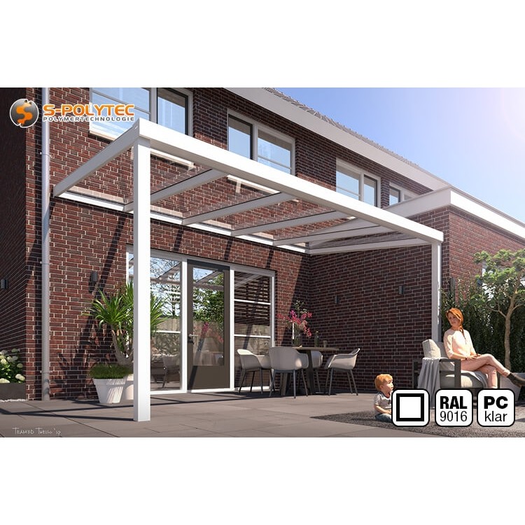 The square terrace roofing made to measure in white with 16 mm double-skin sheet made of transparent polycarbonate